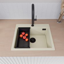 HD Infinity White 58 egymedencés gránit mosogatótálca szett, matt fekete csepegtetőkosárral, tört fehér színben, matt fekete leeresztő szifonnal