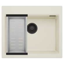 HD Infinity White 58 egymedencés gránit mosogatótálca szett, acél csepegtetőkosárral, tört fehér színben, matt fekete leeresztő szifonnal