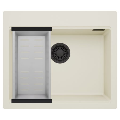 HD Infinity White 58 egymedencés gránit mosogatótálca szett, acél csepegtetőkosárral, tört fehér színben, matt fekete leeresztő szifonnal