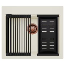 HD Infinity White 58 egymedencés gránit mosogatótálca szett, matt fekete csepegtetőráccsal és kosárral, tört fehér színben, szálcsiszolt réz leeresztő szifonnal