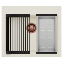 HD Infinity White 58 egymedencés gránit mosogatótálca szett, matt fekete csepegtetőráccsal és krómozott kosárral, tört fehér színben, szálcsiszolt réz leeresztő szifonnal