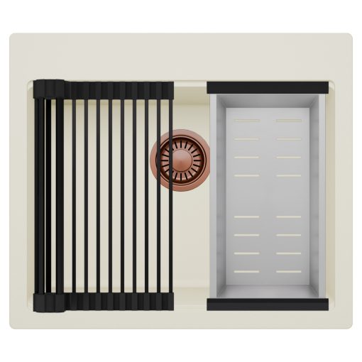 HD Infinity White 58 egymedencés gránit mosogatótálca szett, matt fekete csepegtetőráccsal és krómozott kosárral, tört fehér színben, szálcsiszolt réz leeresztő szifonnal