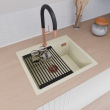 HD Infinity White 58 egymedencés gránit mosogatótálca szett, matt fekete csepegtetőráccsal és krómozott kosárral, tört fehér színben, szálcsiszolt réz leeresztő szifonnal