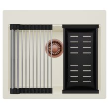 HD Infinity White 58 egymedencés gránit mosogatótálca szett, acél csepegtetőráccsal és matt fekete kosárral, tört fehér színben, szálcsiszolt réz leeresztő szifonnal