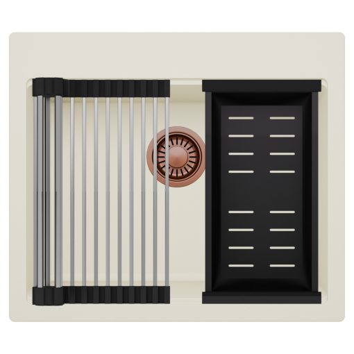 HD Infinity White 58 egymedencés gránit mosogatótálca szett, acél csepegtetőráccsal és matt fekete kosárral, tört fehér színben, szálcsiszolt réz leeresztő szifonnal