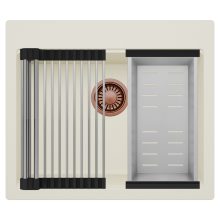 HD Infinity White 58 egymedencés gránit mosogatótálca szett, acél csepegtetőráccsal és kosárral, tört fehér színben, szálcsiszolt réz leeresztő szifonnal