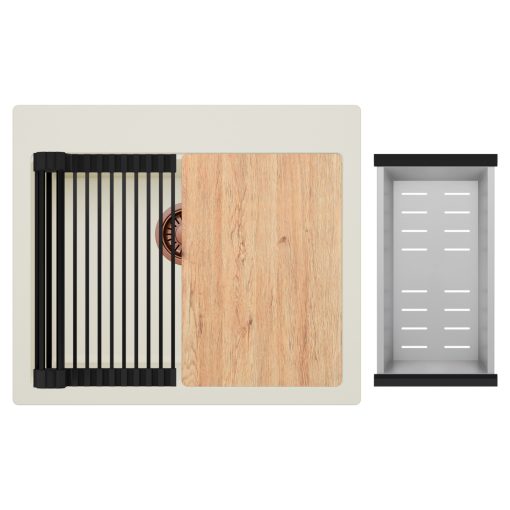 HD Infinity White 58 egymedencés gránit mosogatótálca szett, vágódeszkával, matt fekete csepegtetőráccsal és krómozott kosárral, tört fehér színben, szálcsiszolt réz leeresztő szifonnal