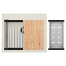 HD Infinity White 58 egymedencés gránit mosogatótálca szett, vágódeszkával, acél csepegtetőráccsal és kosárral, tört fehér színben, szálcsiszolt réz leeresztő szifonnal