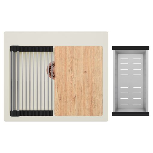 HD Infinity White 58 egymedencés gránit mosogatótálca szett, vágódeszkával, acél csepegtetőráccsal és kosárral, tört fehér színben, szálcsiszolt réz leeresztő szifonnal