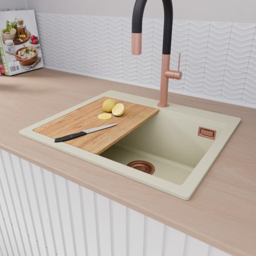 HD Infinity White 58 egymedencés gránit mosogatótálca szett, vágódeszkával, acél csepegtetőráccsal és kosárral, tört fehér színben, szálcsiszolt réz leeresztő szifonnal