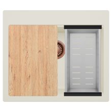 HD Infinity White 58 egymedencés gránit mosogatótálca szett, vágódeszkával, acél csepegtetőkosárral, tört fehér színben, szálcsiszolt réz leeresztő szifonnal