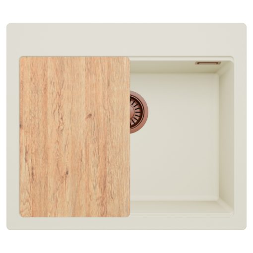 HD Infinity White 58 egymedencés gránit mosogatótálca, vágódeszkával, tört fehér színben, szálcsiszolt réz leeresztő szifonnal