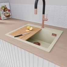 HD Infinity White 58 egymedencés gránit mosogatótálca, vágódeszkával, tört fehér színben, szálcsiszolt réz leeresztő szifonnal