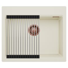 HD Infinity White 58 egymedencés gránit mosogatótálca szett, acél csepegtetőráccsal, tört fehér színben, szálcsiszolt réz leeresztő szifonnal