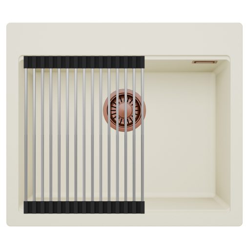 HD Infinity White 58 egymedencés gránit mosogatótálca szett, acél csepegtetőráccsal, tört fehér színben, szálcsiszolt réz leeresztő szifonnal