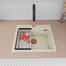 HD Infinity White 58 egymedencés gránit mosogatótálca szett, acél csepegtetőkosárral, tört fehér színben, szálcsiszolt réz leeresztő szifonnal