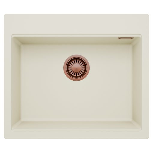 HD Infinity White 58 egymedencés gránit mosogatótálca, tört fehér színben, szálcsiszolt réz leeresztő szifonnal