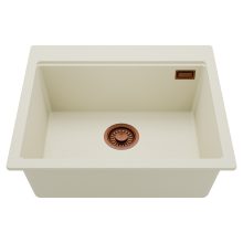 HD Infinity White 58 egymedencés gránit mosogatótálca, tört fehér színben, szálcsiszolt réz leeresztő szifonnal