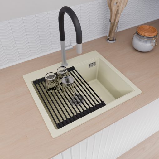 HD Infinity White 58 egymedencés gránit mosogatótálca szett, matt fekete csepegtetőráccsal és kosárral, tört fehér színben