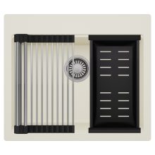 HD Infinity White 58 egymedencés gránit mosogatótálca szett, acél csepegtetőráccsal és matt fekete kosárral, tört fehér színben