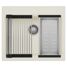 HD Infinity White 58 egymedencés gránit mosogatótálca szett, acél csepegtetőráccsal és kosárral, tört fehér színben