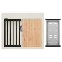 HD Infinity White 58 egymedencés gránit mosogatótálca szett, vágódeszkával, vágódeszkával, matt fekete csepegtetőráccsal és krómozott kosárral, tört fehér színben