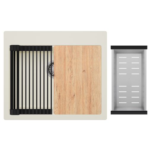 HD Infinity White 58 egymedencés gránit mosogatótálca szett, vágódeszkával, vágódeszkával, matt fekete csepegtetőráccsal és krómozott kosárral, tört fehér színben