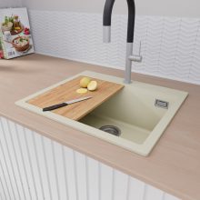 HD Infinity White 58 egymedencés gránit mosogatótálca szett, vágódeszkával, vágódeszkával, matt fekete csepegtetőráccsal és krómozott kosárral, tört fehér színben