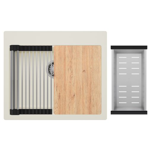 HD Infinity White 58 egymedencés gránit mosogatótálca szett, vágódeszkával, acél csepegtetőráccsal és kosárral, tört fehér színben