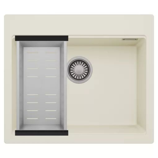 HD Infinity White 58 egymedencés gránit mosogatótálca szett, acél csepegtetőkosárral, tört fehér színben