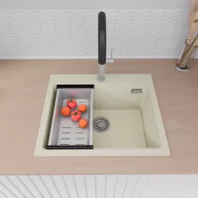 HD Infinity White 58 egymedencés gránit mosogatótálca szett, acél csepegtetőkosárral, tört fehér színben