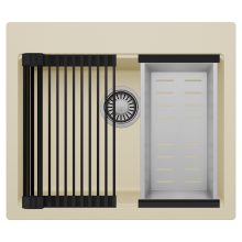 HD Infinity Beige 58 egymedencés gránit mosogatótálca szett, matt fekete csepegtetőráccsal és krómozott kosárral, soft bézs színben, szálcsiszolt króm leeresztő szifonnal