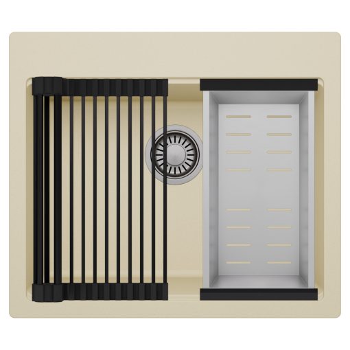 HD Infinity Beige 58 egymedencés gránit mosogatótálca szett, matt fekete csepegtetőráccsal és krómozott kosárral, soft bézs színben, szálcsiszolt króm leeresztő szifonnal