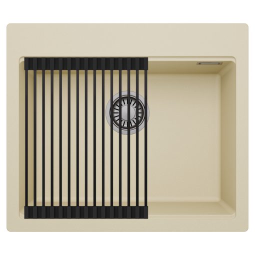 HD Infinity Beige 58 egymedencés gránit mosogatótálca szett, matt fekete csepegtetőráccsal, soft bézs színben, szálcsiszolt króm leeresztő szifonnal