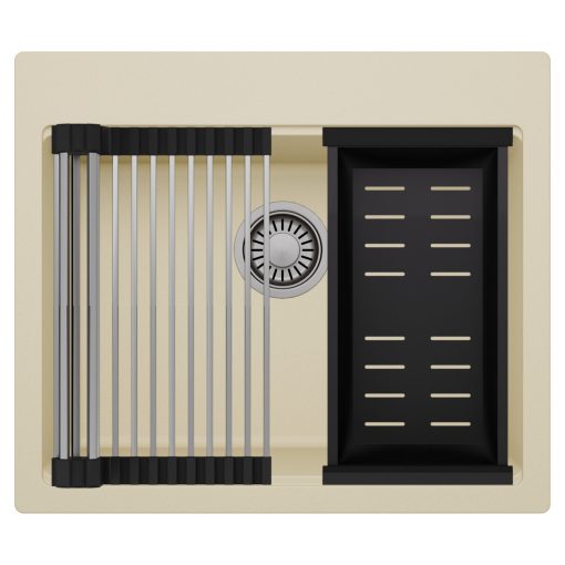 HD Infinity Beige 58 egymedencés gránit mosogatótálca szett, acél csepegtetőráccsal és matt fekete kosárral, soft bézs színben, szálcsiszolt króm leeresztő szifonnal
