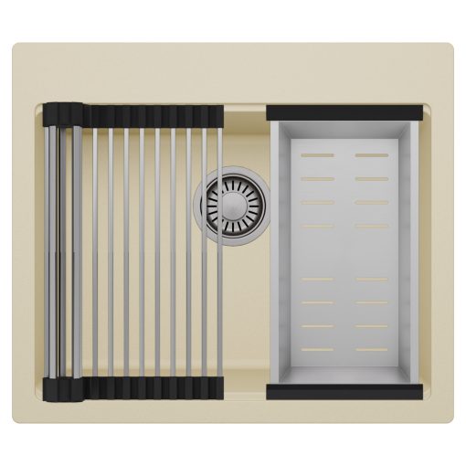 HD Infinity Beige 58 egymedencés gránit mosogatótálca szett, acél csepegtetőráccsal és kosárral, soft bézs színben, szálcsiszolt króm leeresztő szifonnal