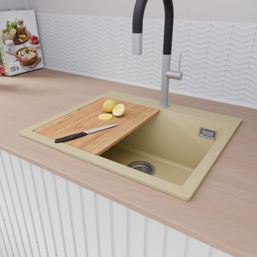 HD Infinity Beige 58 egymedencés gránit mosogatótálca szett, vágódeszkával, matt fekete csepegtetőráccsal és kosárral, soft bézs színben, szálcsiszolt króm leeresztő szifonnal