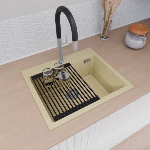 HD Infinity Beige 58 egymedencés gránit mosogatótálca szett, vágódeszkával, matt fekete csepegtetőráccsal és krómozott kosárral, soft bézs színben, szálcsiszolt króm leeresztő szifonnal