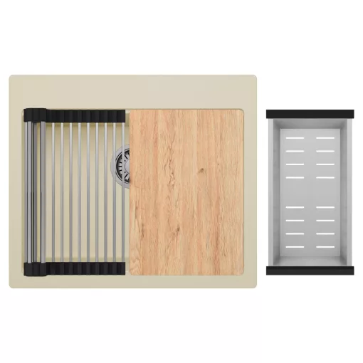 HD Infinity Beige 58 egymedencés gránit mosogatótálca szett, vágódeszkával, acél csepegtetőráccsal és kosárral, soft bézs színben, szálcsiszolt króm leeresztő szifonnal