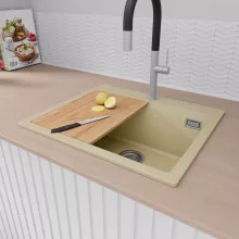 HD Infinity Beige 58 egymedencés gránit mosogatótálca szett, vágódeszkával, acél csepegtetőráccsal és kosárral, soft bézs színben, szálcsiszolt króm leeresztő szifonnal