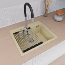 HD Infinity Beige 58 egymedencés gránit mosogatótálca szett, vágódeszkával, acél csepegtetőráccsal és kosárral, soft bézs színben, szálcsiszolt króm leeresztő szifonnal