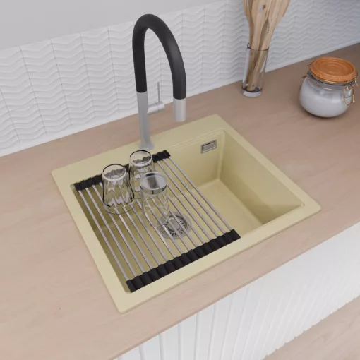 HD Infinity Beige 58 egymedencés gránit mosogatótálca szett, vágódeszkával, acél csepegtetőráccsal és kosárral, soft bézs színben, szálcsiszolt króm leeresztő szifonnal