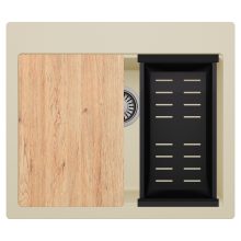 HD Infinity Beige 58 egymedencés gránit mosogatótálca szett, vágódeszkával, matt fekete csepegtetőkosárral, soft bézs színben, szálcsiszolt króm leeresztő szifonnal