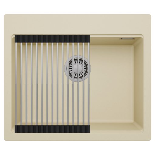 HD Infinity Beige 58 egymedencés gránit mosogatótálca szett, acél csepegtetőráccsal, soft bézs színben, szálcsiszolt króm leeresztő szifonnal