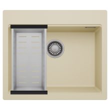 HD Infinity Beige 58 egymedencés gránit mosogatótálca szett, acél csepegtetőkosárral, soft bézs színben, szálcsiszolt króm leeresztő szifonnal