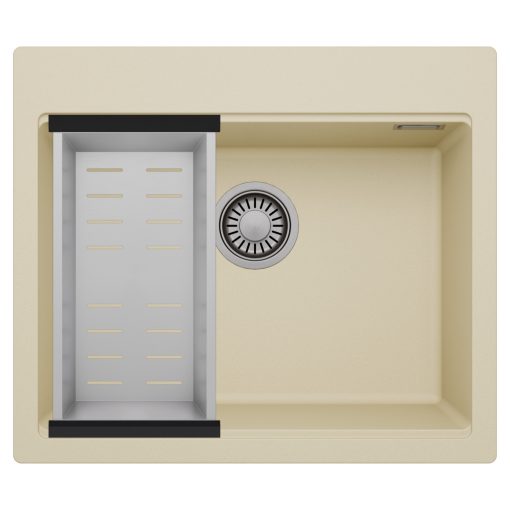 HD Infinity Beige 58 egymedencés gránit mosogatótálca szett, acél csepegtetőkosárral, soft bézs színben, szálcsiszolt króm leeresztő szifonnal