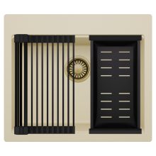 HD Infinity Beige 58 egymedencés gránit mosogatótálca szett, matt fekete csepegtetőráccsal és kosárral, soft bézs színben, szálcsiszolt arany leeresztő szifonnal