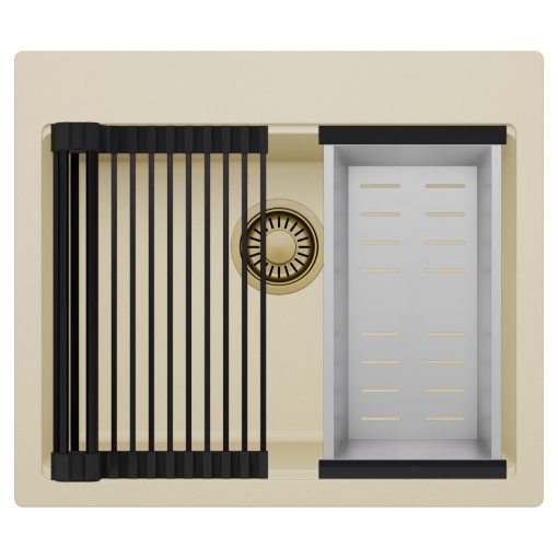HD Infinity Beige 58 egymedencés gránit mosogatótálca szett, matt fekete csepegtetőráccsal és krómozott kosárral, soft bézs színben, szálcsiszolt arany leeresztő szifonnal