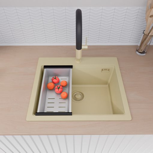 HD Infinity Beige 58 egymedencés gránit mosogatótálca szett, matt fekete csepegtetőráccsal és krómozott kosárral, soft bézs színben, szálcsiszolt arany leeresztő szifonnal