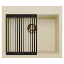 HD Infinity Beige 58 egymedencés gránit mosogatótálca szett, matt fekete csepegtetőráccsal, soft bézs színben, szálcsiszolt arany leeresztő szifonnal